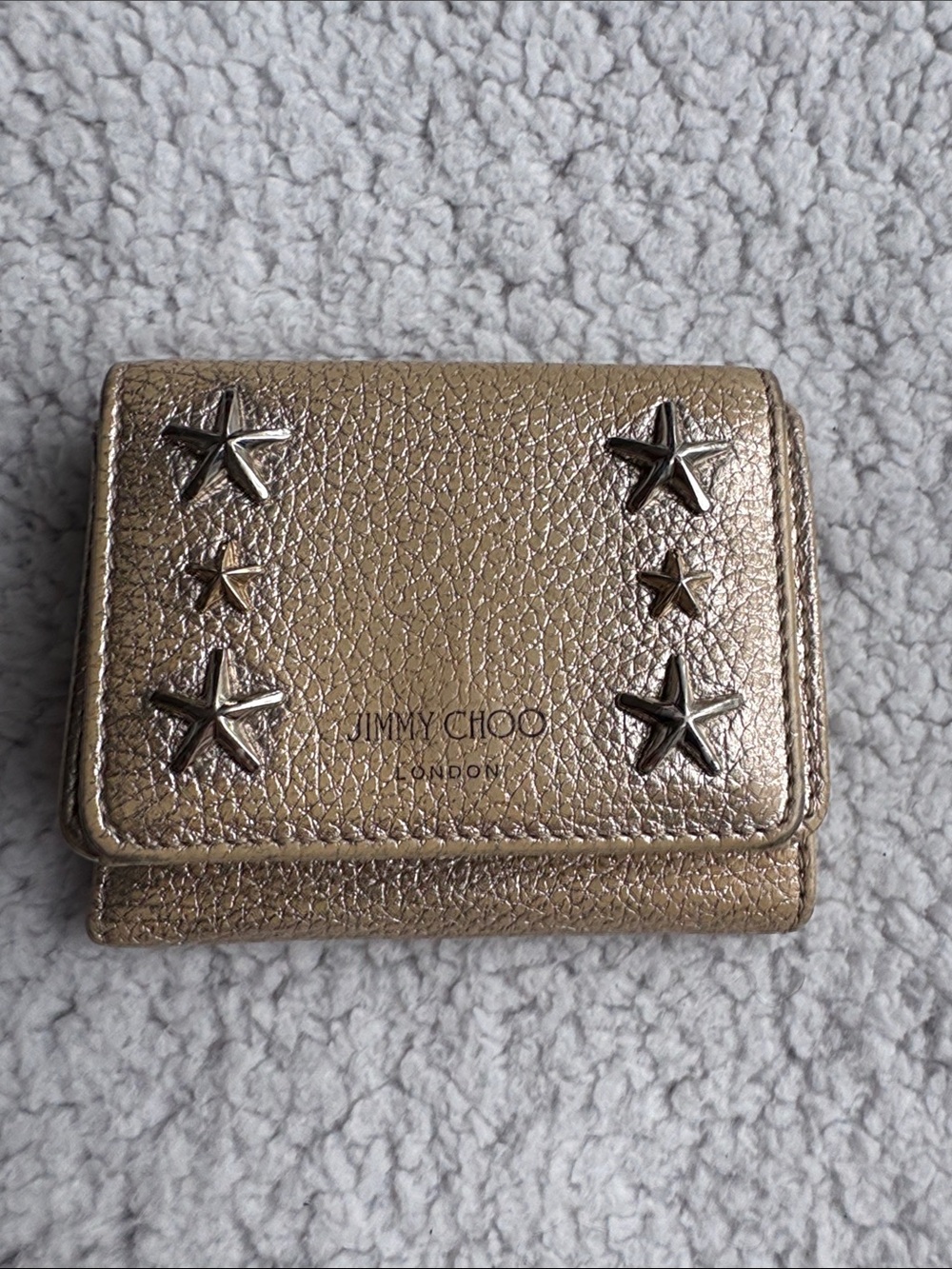 Jimmy Choo Nemo Metallic Gold Leather 2-toned-Star-Studded Mini Tri-fold Wallet - Picture 1 of 14